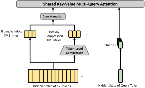 HCA:同样的 Token-Level Compressor 但压缩率 m' 大得多、不重叠,并且【没有 Top-k Selector】——所有 query 稠密地看全部压缩 entry