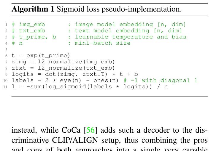 SigLIP Algorithm 1:pairwise sigmoid,对角 +1 / 其余 −1,除以 batch 大小 n